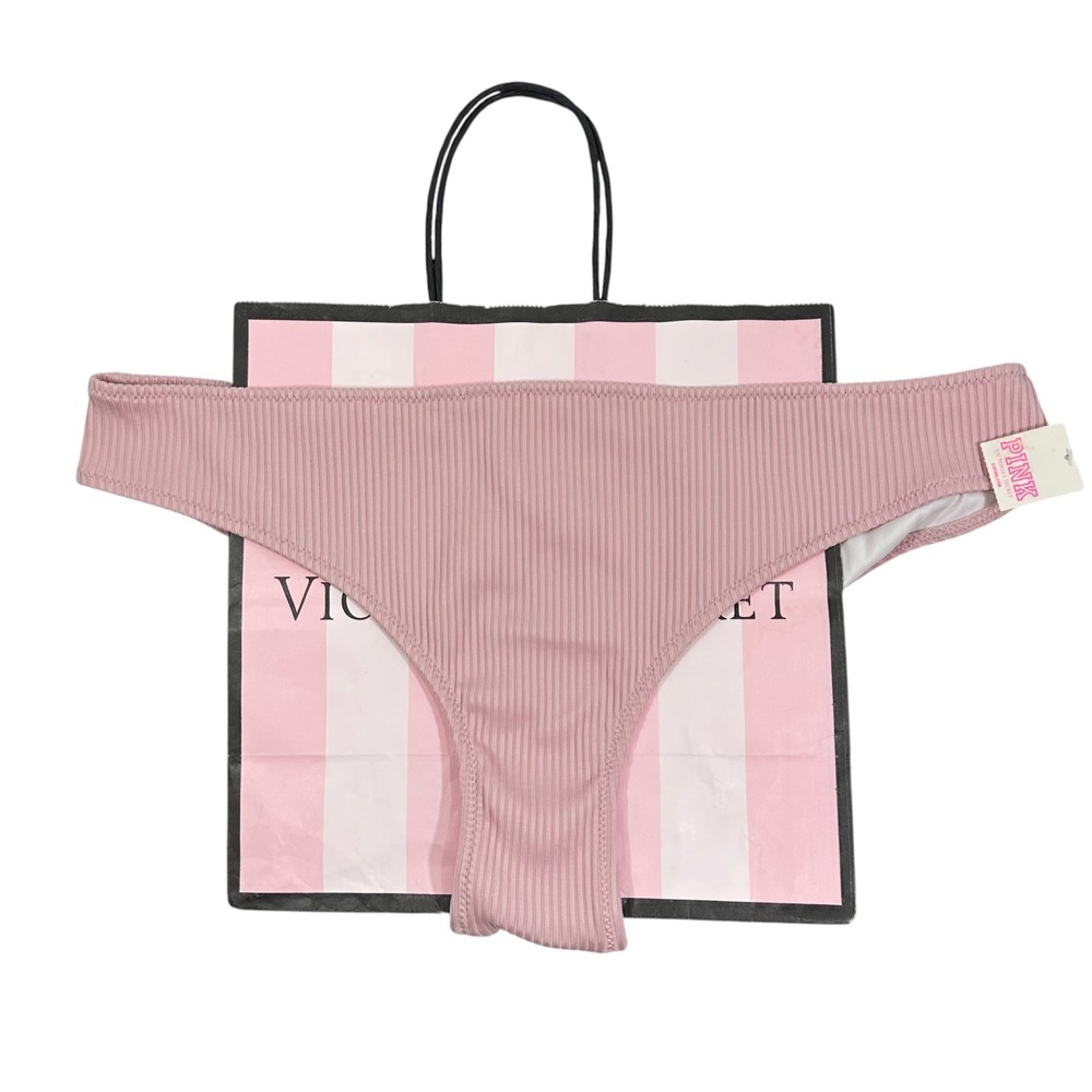 NWT Victoria's Secret PINK Ribbed Ruched Mini Bikini Bottom Pink Low Rise Large